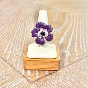 Purple Flower Statement Ring Size 9 Silver Tone Floral Rhinestone Ring